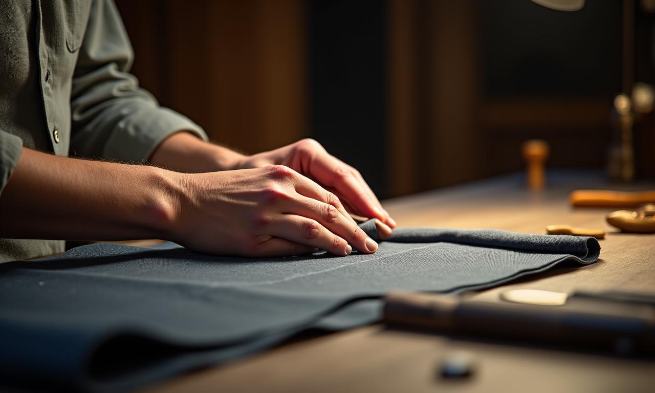 Manos de un sastre trabajando sobre una tela en una mesa de corte.