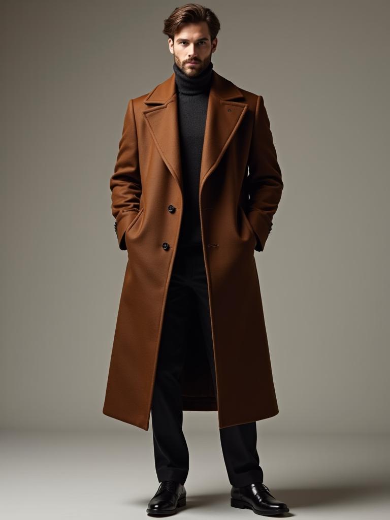 Modelo masculino con un abrigo largo de color marrón.