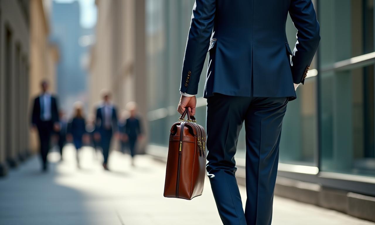 Hombre de negocios con un maletín de cuero caminando por el distrito financiero.