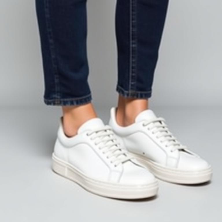 Zapatillas de cuero blanco combinadas con vaqueros oscuros.