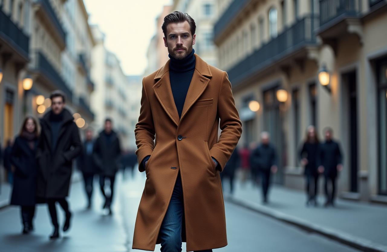 Hombre con un elegante abrigo de invierno paseando por una calle de Madrid.
